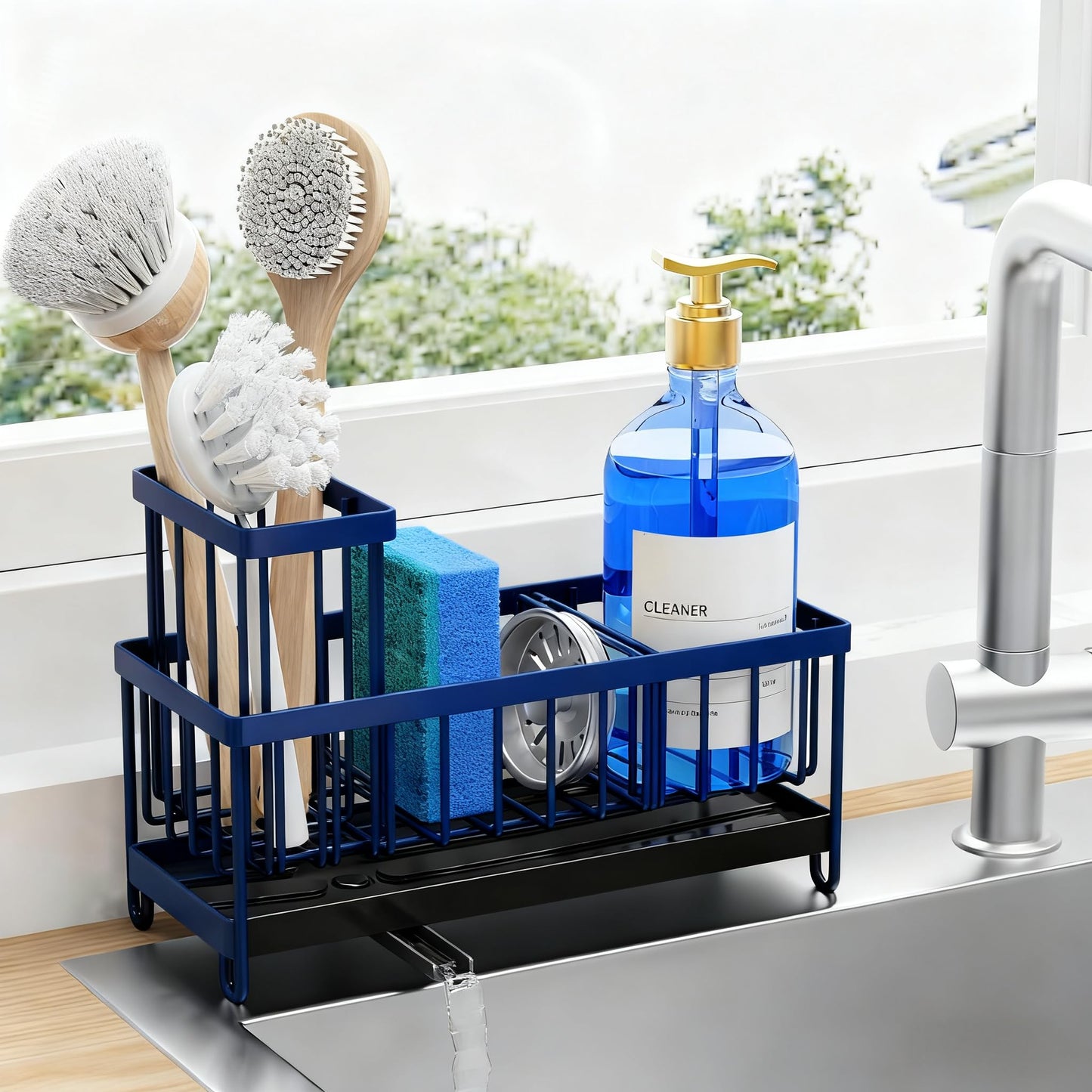 Cisily Sponge Holder for Kitchen Sink, Sink Caddy Organizer with High Brush Holder, Kitchen Countertop Organizers and Storage Essentials, Rustproof 304 Stainless Steel (Black, 9.25″)