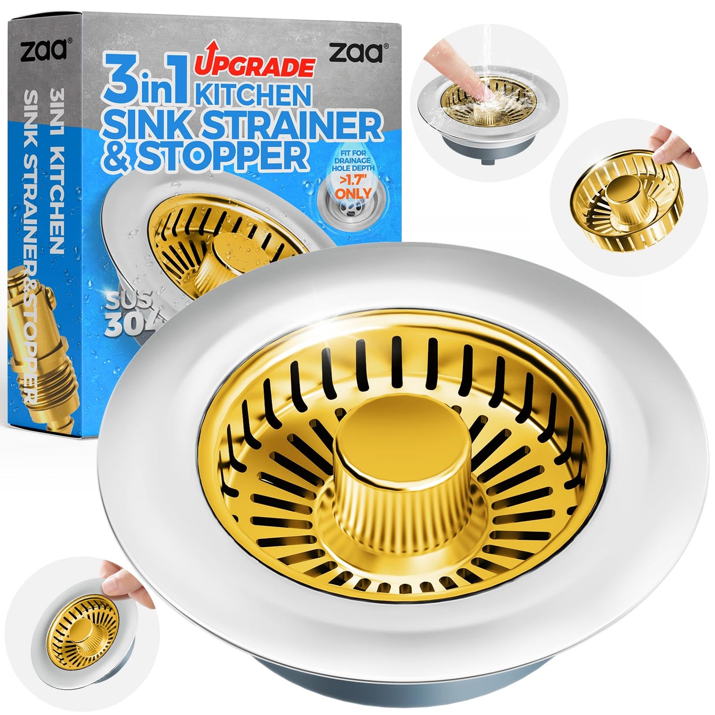 Sink Drain Strainer - Sink Stopper Kitchen Drain, 3 in 1 Kitchen Sink Drain Strainer with Anti-Clogging Basket, Kitchen Gadgets Clearance Sink Accessories, Fit US Standard 3-1/2'' Sink Hole, Silver
