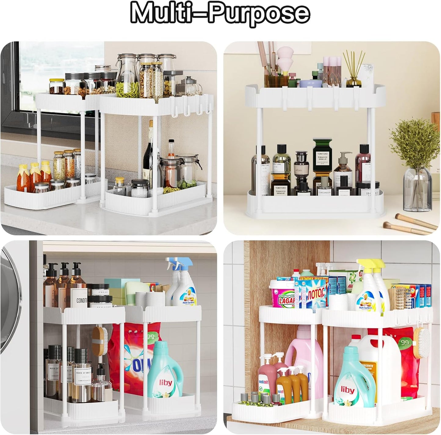 2 Pack Multi-Purpose Pull-Out Storage Organizers, Under Sink & Cabinet Storage, 12.8 Inch, White