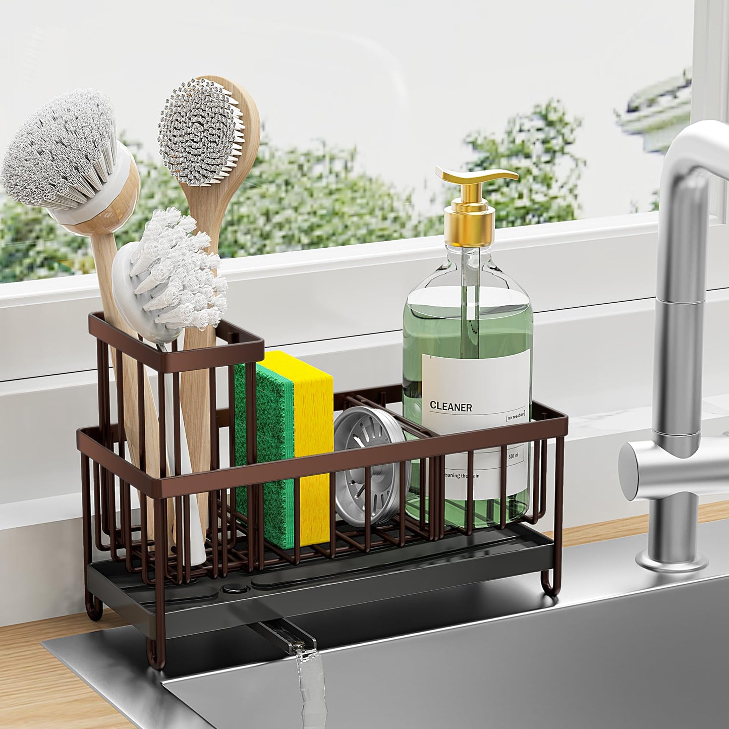 Cisily Sponge Holder for Kitchen Sink, Sink Caddy Organizer with High Brush Holder, Kitchen Countertop Organizers and Storage Essentials, Rustproof 304 Stainless Steel (Black, 9.25″)