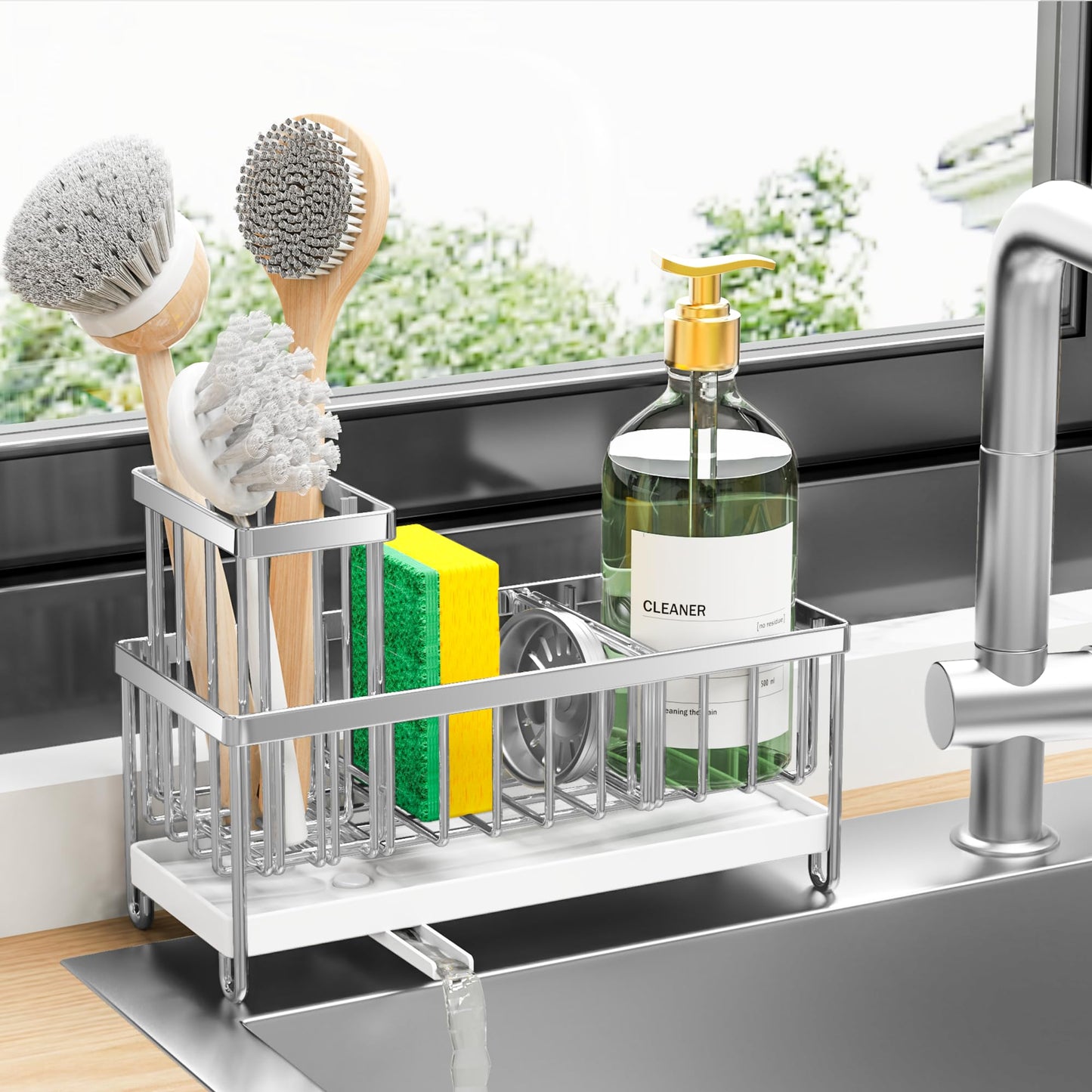 Cisily Sponge Holder for Kitchen Sink, Sink Caddy Organizer with High Brush Holder, Kitchen Countertop Organizers and Storage Essentials, Rustproof 304 Stainless Steel (Black, 9.25″)