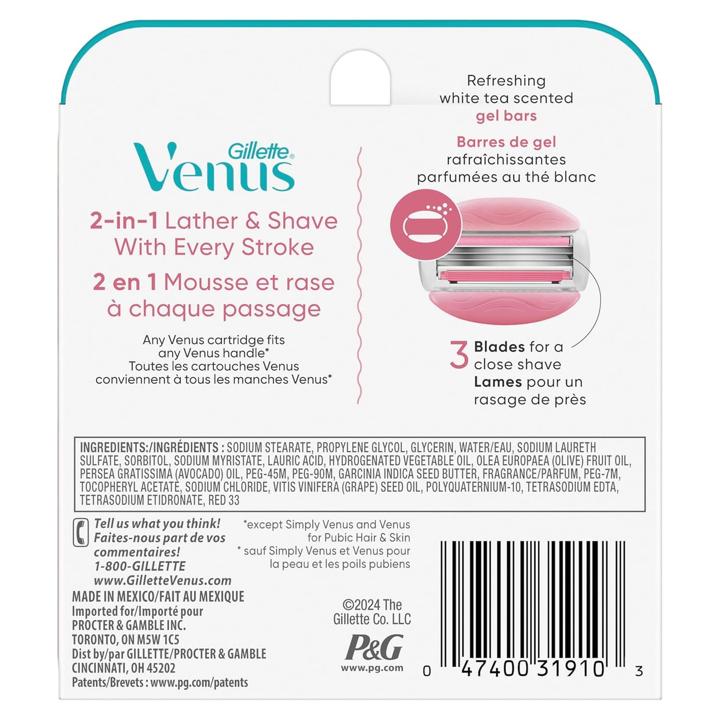 Gillette Venus ComfortGlide White Tea Women's Razor Blades, 3-Blade Razor Refills, 6 Count, Holiday Gifts for Women
