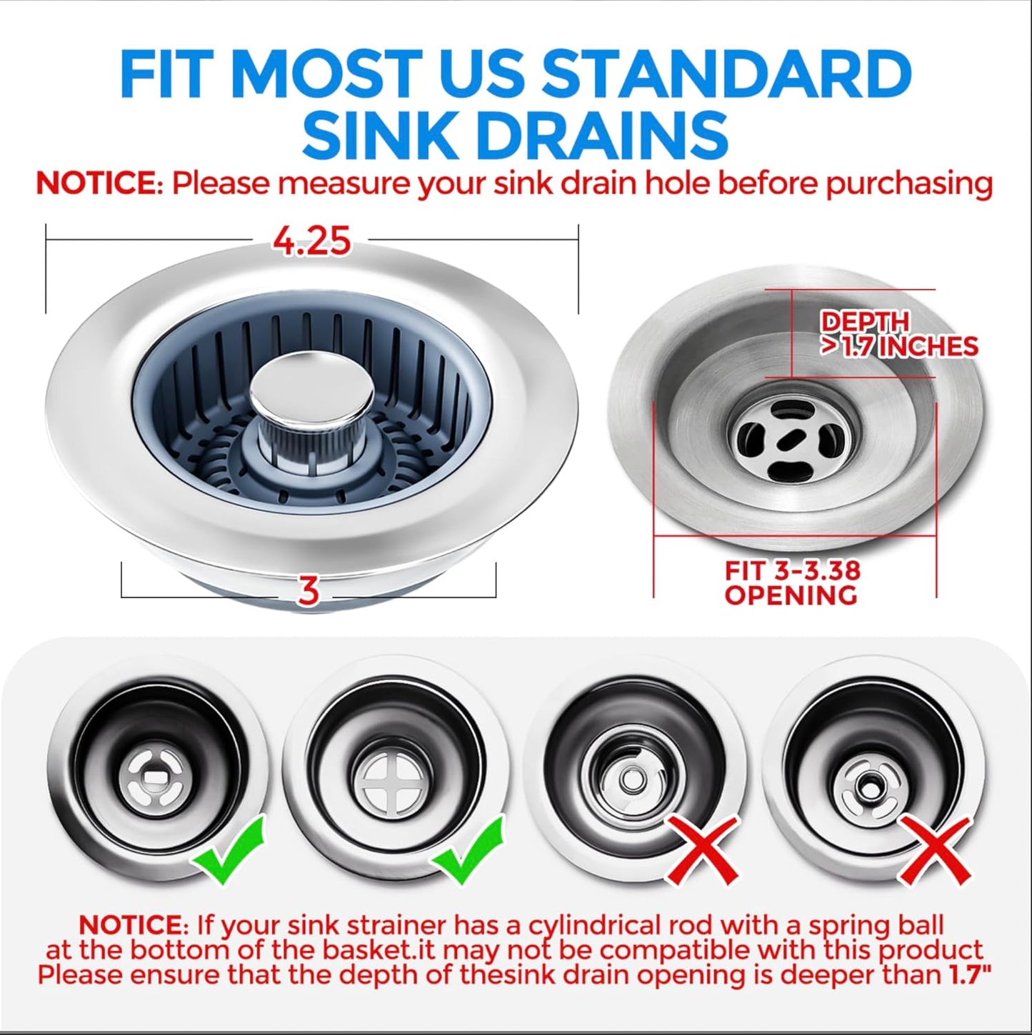 Sink Drain Strainer - Sink Stopper Kitchen Drain, 3 in 1 Kitchen Sink Drain Strainer with Anti-Clogging Basket, Kitchen Gadgets Clearance Sink Accessories, Fit US Standard 3-1/2'' Sink Hole, Silver