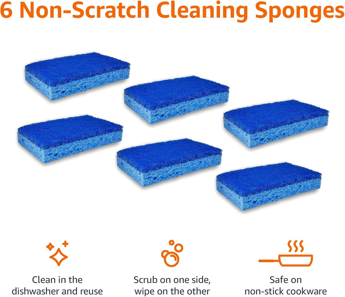 Amazon Basics Non-Scratch Scrub Sponges, Safe on Non-stick Cookware, Blue, 6 Count