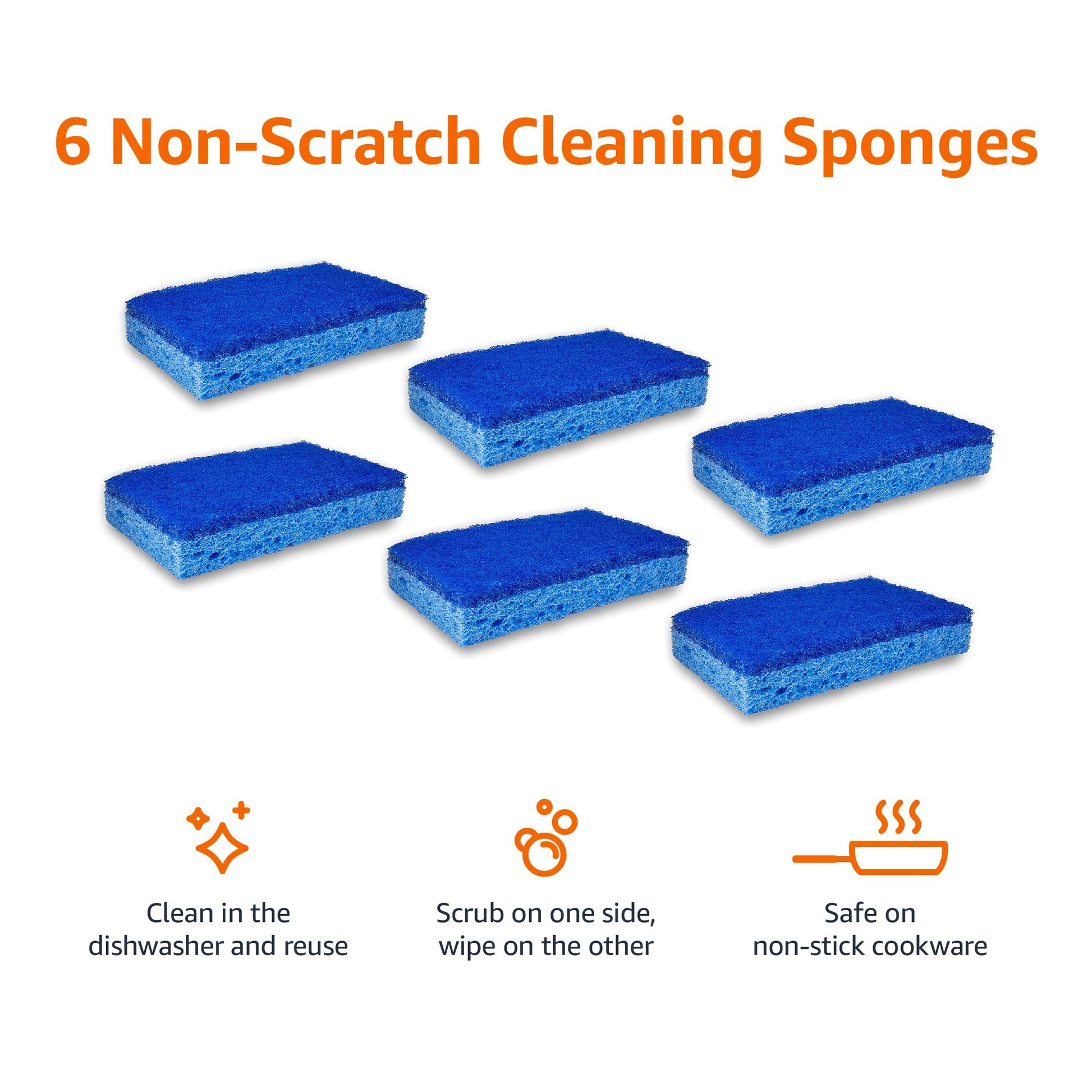 Amazon Basics Non-Scratch Scrub Sponges, Safe on Non-stick Cookware, Blue, 6 Count