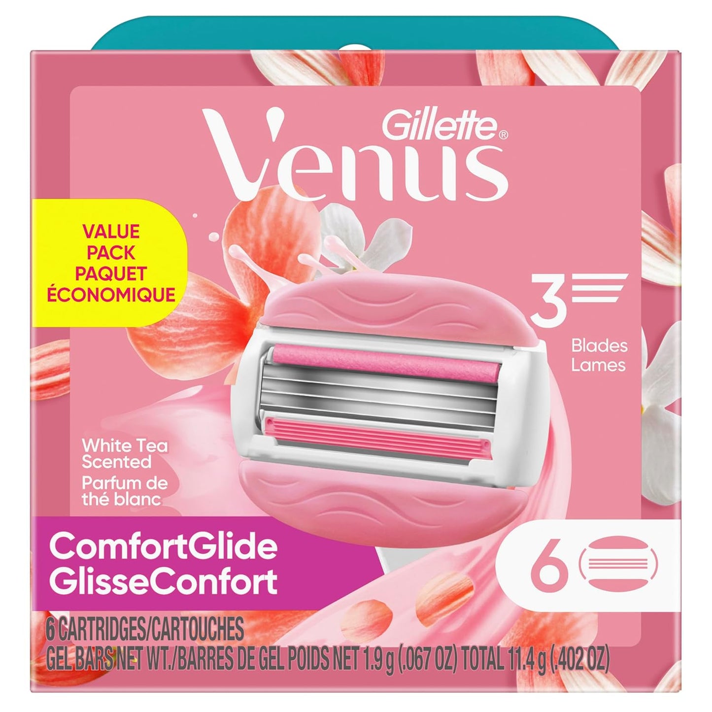 Gillette Venus ComfortGlide White Tea Women's Razor Blades, 3-Blade Razor Refills, 6 Count, Holiday Gifts for Women