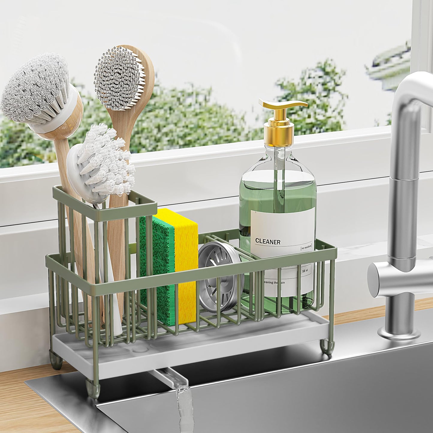 Cisily Sponge Holder for Kitchen Sink, Sink Caddy Organizer with High Brush Holder, Kitchen Countertop Organizers and Storage Essentials, Rustproof 304 Stainless Steel (Black, 9.25″)