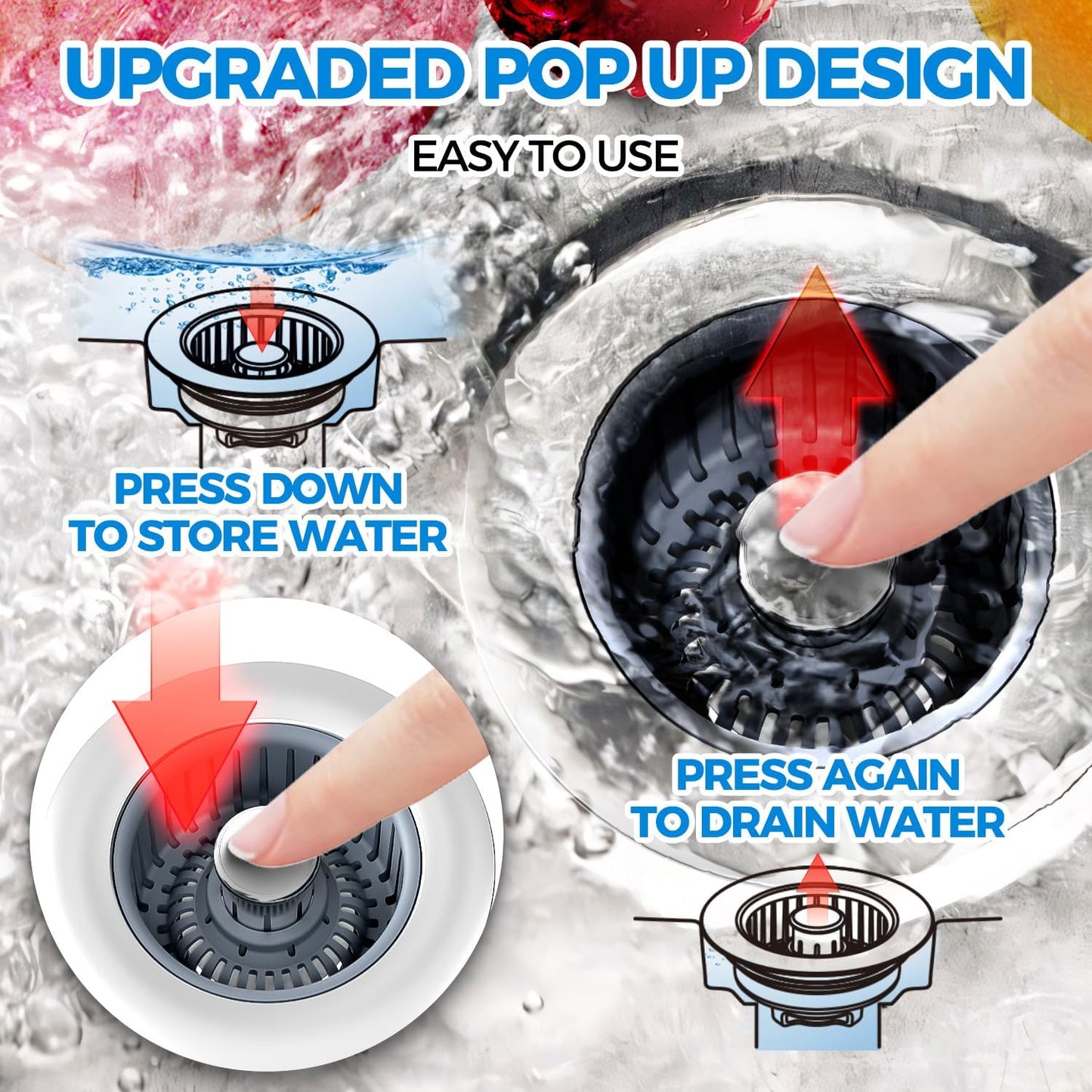 Sink Drain Strainer - Sink Stopper Kitchen Drain, 3 in 1 Kitchen Sink Drain Strainer with Anti-Clogging Basket, Kitchen Gadgets Clearance Sink Accessories, Fit US Standard 3-1/2'' Sink Hole, Silver