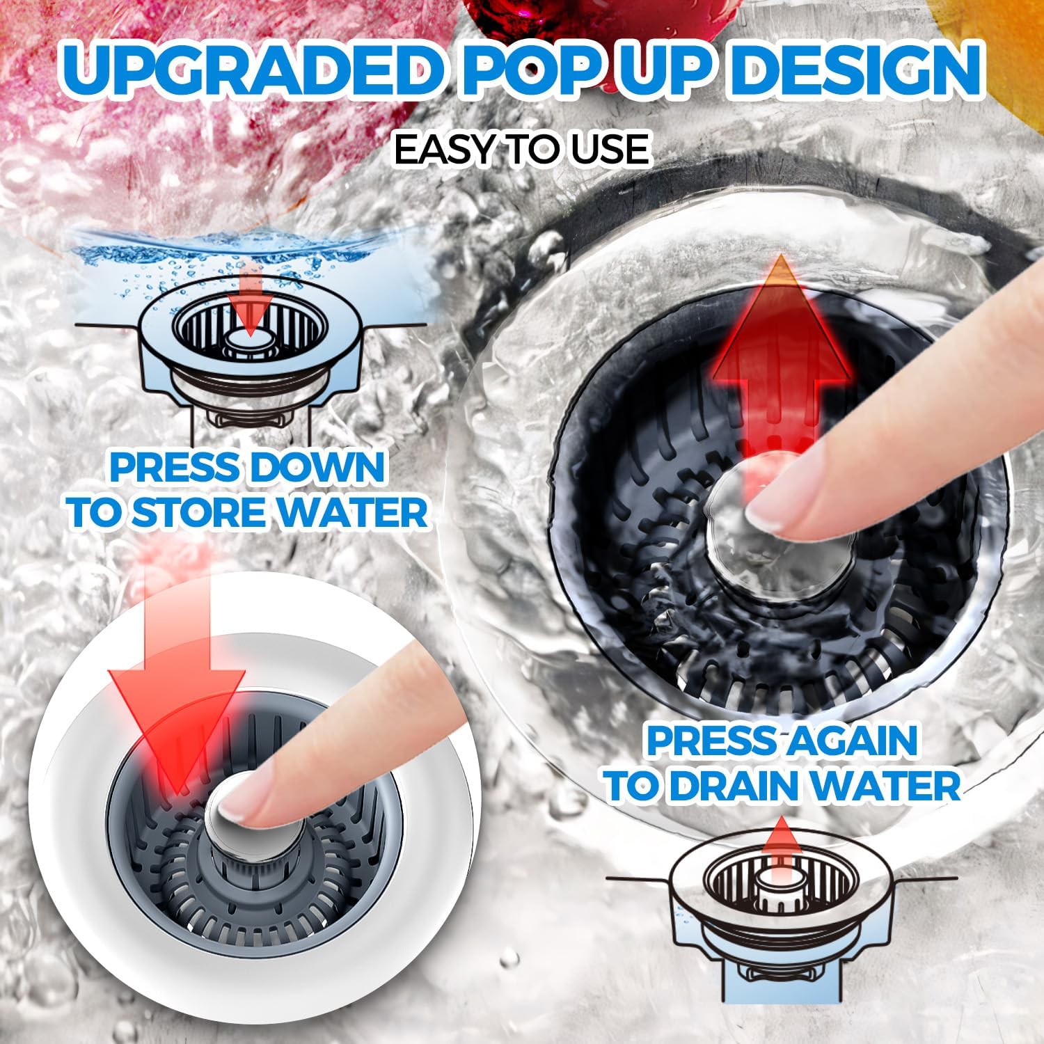 Sink Drain Strainer - Sink Stopper Kitchen Drain, 3 in 1 Kitchen Sink Drain Strainer with Anti-Clogging Basket, Kitchen Gadgets Clearance Sink Accessories, Fit US Standard 3-1/2'' Sink Hole, Silver
