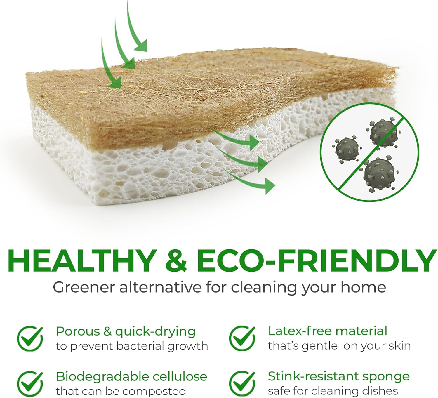 Biodegradable Natural Kitchen Sponge - Compostable Cellulose and Coconut Walnut Scrubber Sponge (12 Pack)