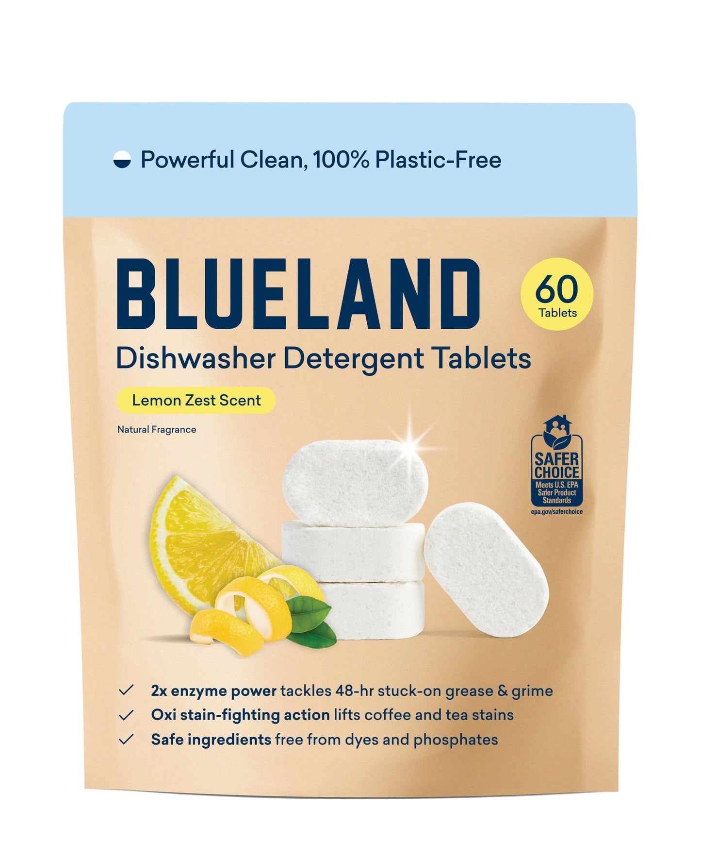 BLUELAND 100% Plastic-Free Dishwasher Detergent Tablets, 60 Count, Free & Clear, Eco-Friendly Dishwashing Pods, Natural, USDA Certified biobased