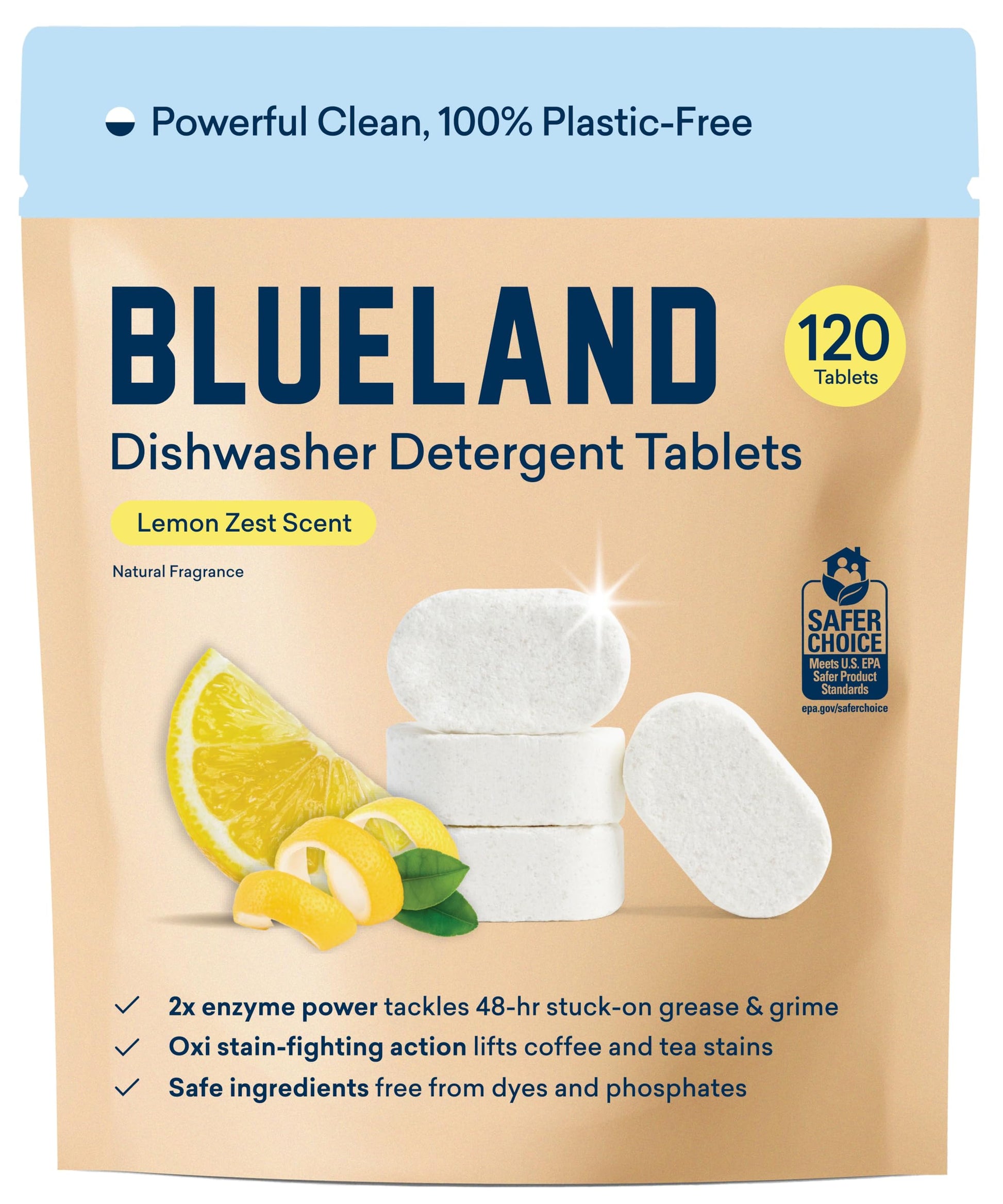 BLUELAND 100% Plastic-Free Dishwasher Detergent Tablets, 60 Count, Free & Clear, Eco-Friendly Dishwashing Pods, Natural, USDA Certified biobased