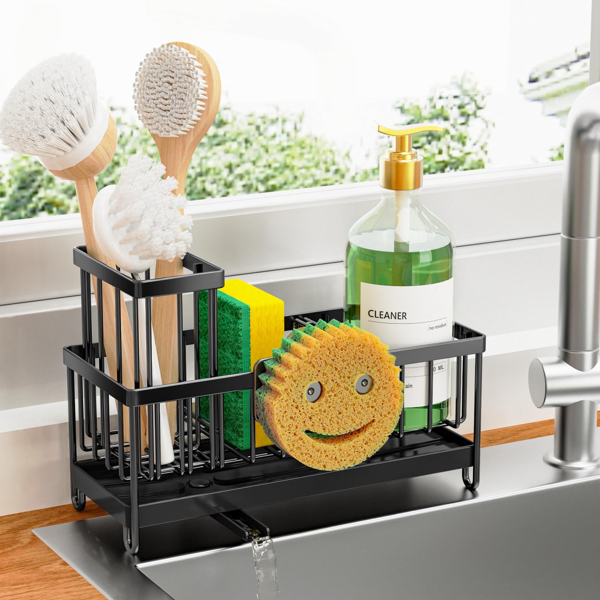 Cisily Sponge Holder for Kitchen Sink, Sink Caddy Organizer with High Brush Holder, Kitchen Countertop Organizers and Storage Essentials, Rustproof 304 Stainless Steel (Black, 9.25″)