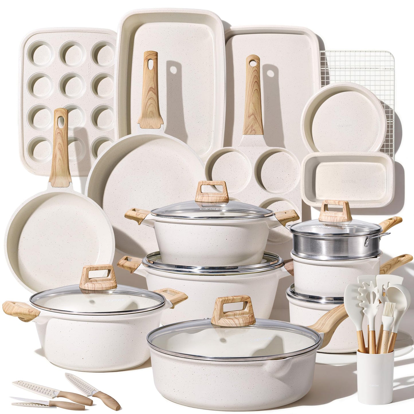 CAROTE 21Pcs Pots and Pans Set, Nonstick Cookware Sets, White Granite Induction Cookware Non Stick Cooking Set w/Frying Pans & Saucepans(PFOS, PFOA Free)
