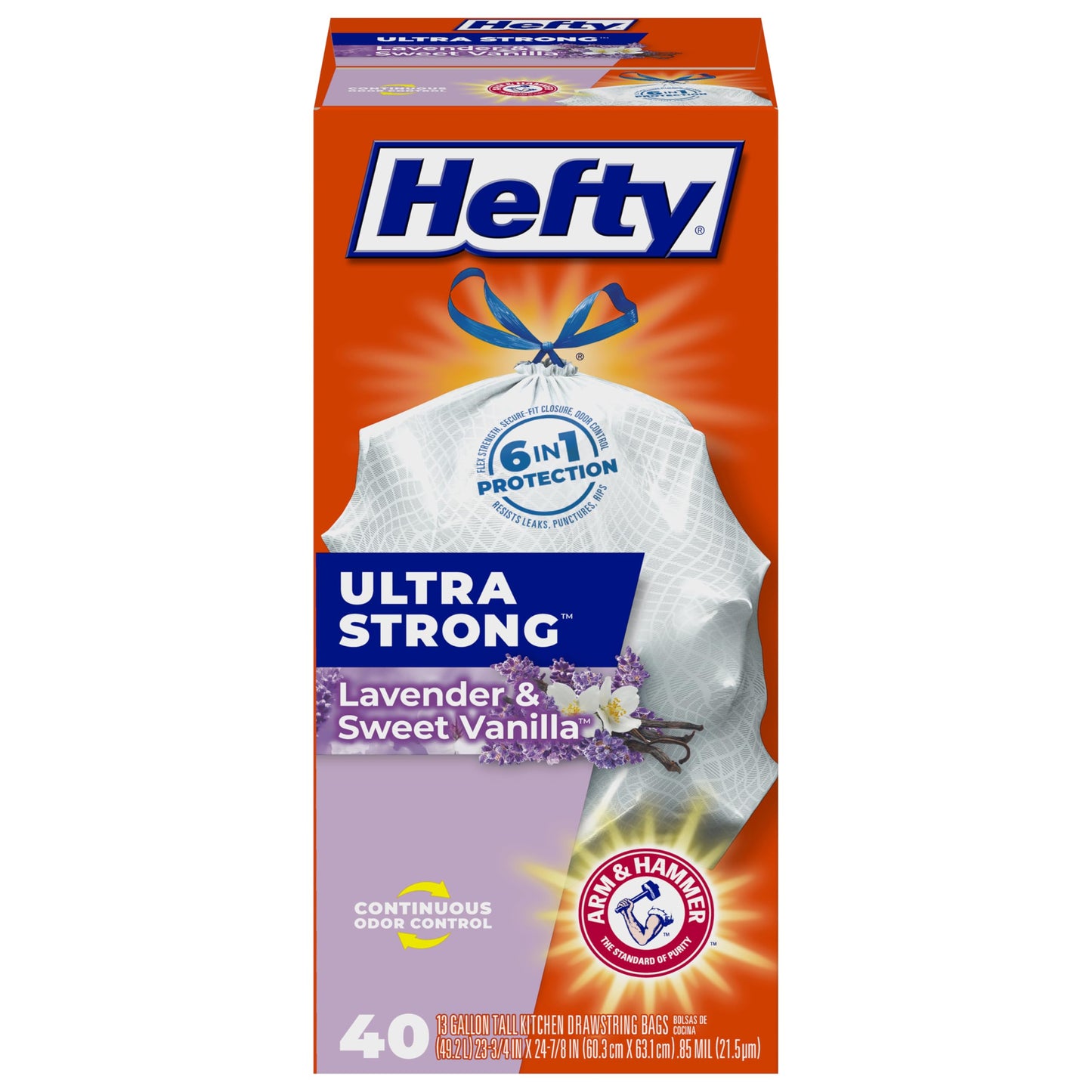 Hefty Ultra Strong Tall Kitchen Trash Bags, Lavender & Sweet Vanilla Scent, 13 Gallon, 80 Count