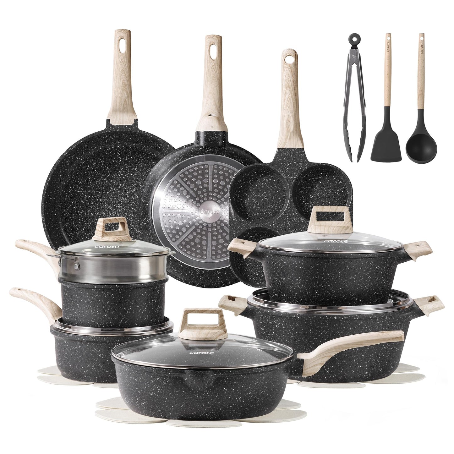 CAROTE 44pcs Pots and Pan Set Nonstick, Cookware Sets, Cooking Set Non Stick, Induction Cook Ware with Bakeware Set, Kitchen Knife Set