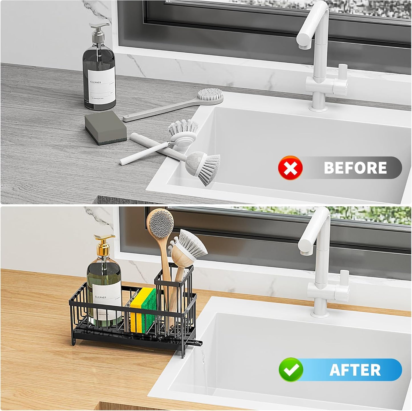 Cisily Sponge Holder for Kitchen Sink, Sink Caddy Organizer with High Brush Holder, Kitchen Countertop Organizers and Storage Essentials, Rustproof 304 Stainless Steel (Black, 9.25″)