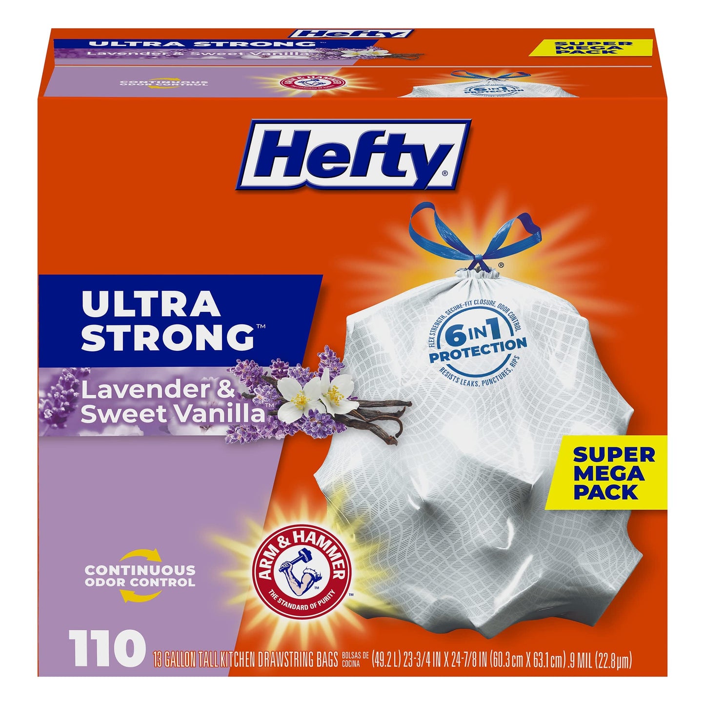 Hefty Ultra Strong Tall Kitchen Trash Bags, Lavender & Sweet Vanilla Scent, 13 Gallon, 80 Count