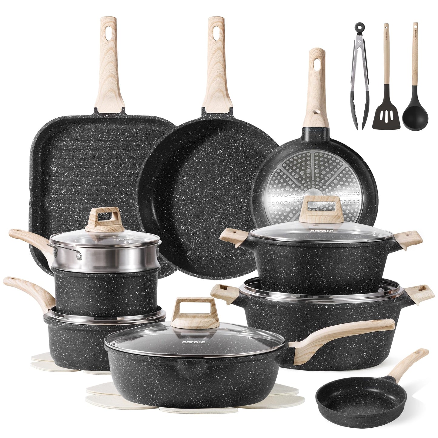 CAROTE 44pcs Pots and Pan Set Nonstick, Cookware Sets, Cooking Set Non Stick, Induction Cook Ware with Bakeware Set, Kitchen Knife Set