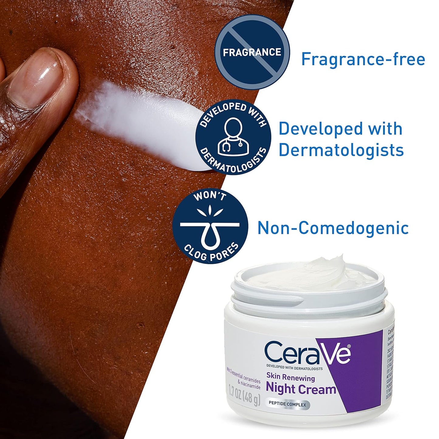 CeraVe Skin Renewing Night Cream, Niacinamide, Peptide Complex, and Hyaluronic Acid Moisturizer for Face, 1.7 Ounce, Packaging may Vary