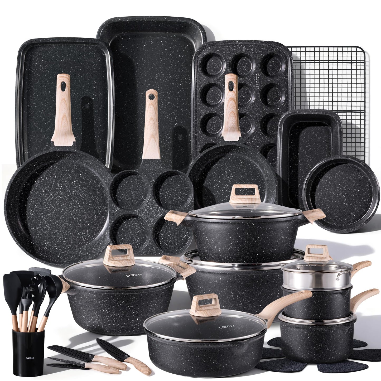 CAROTE 21Pcs Pots and Pans Set, Nonstick Cookware Sets, White Granite Induction Cookware Non Stick Cooking Set w/Frying Pans & Saucepans(PFOS, PFOA Free)