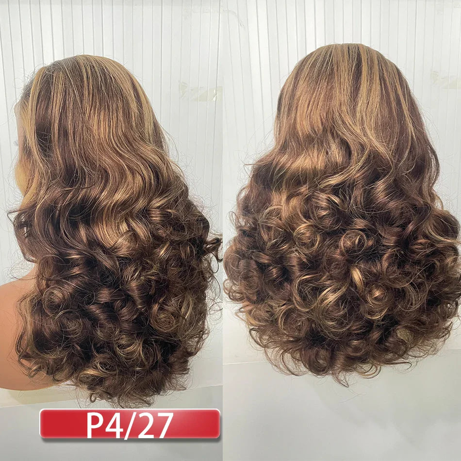 100% Malaysia Hair Bouncy Curly Wigs 250 Density Ombre Double Drawn Hair Glueless Wigs 100% Human Hair 13x4 HD Lace Frontal Wigs